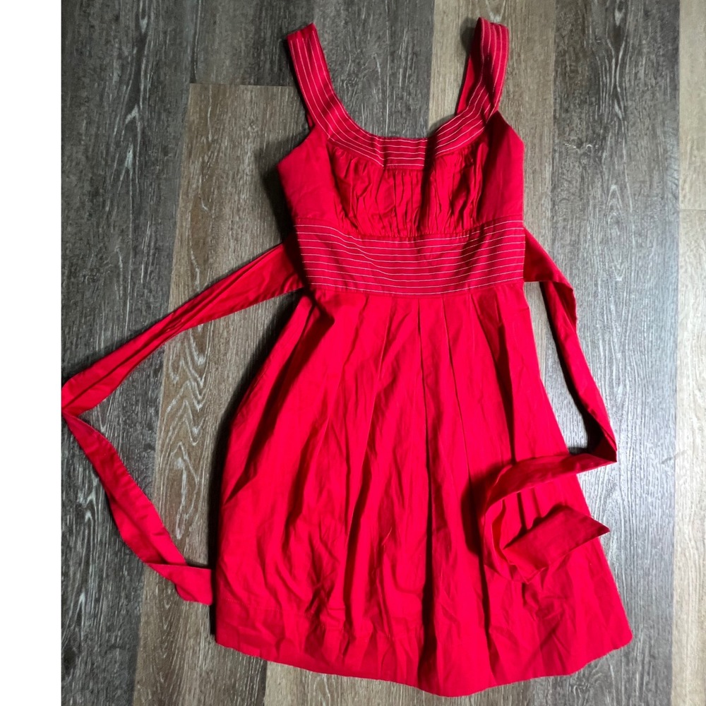 Trixxi Fit and Flare Dress Womens Size 7 Red‎ Contrast Stitch Tie Waist Ruched